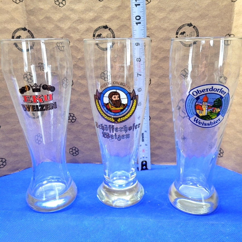 Set of 3 pilsner beer glasses from Europe.
